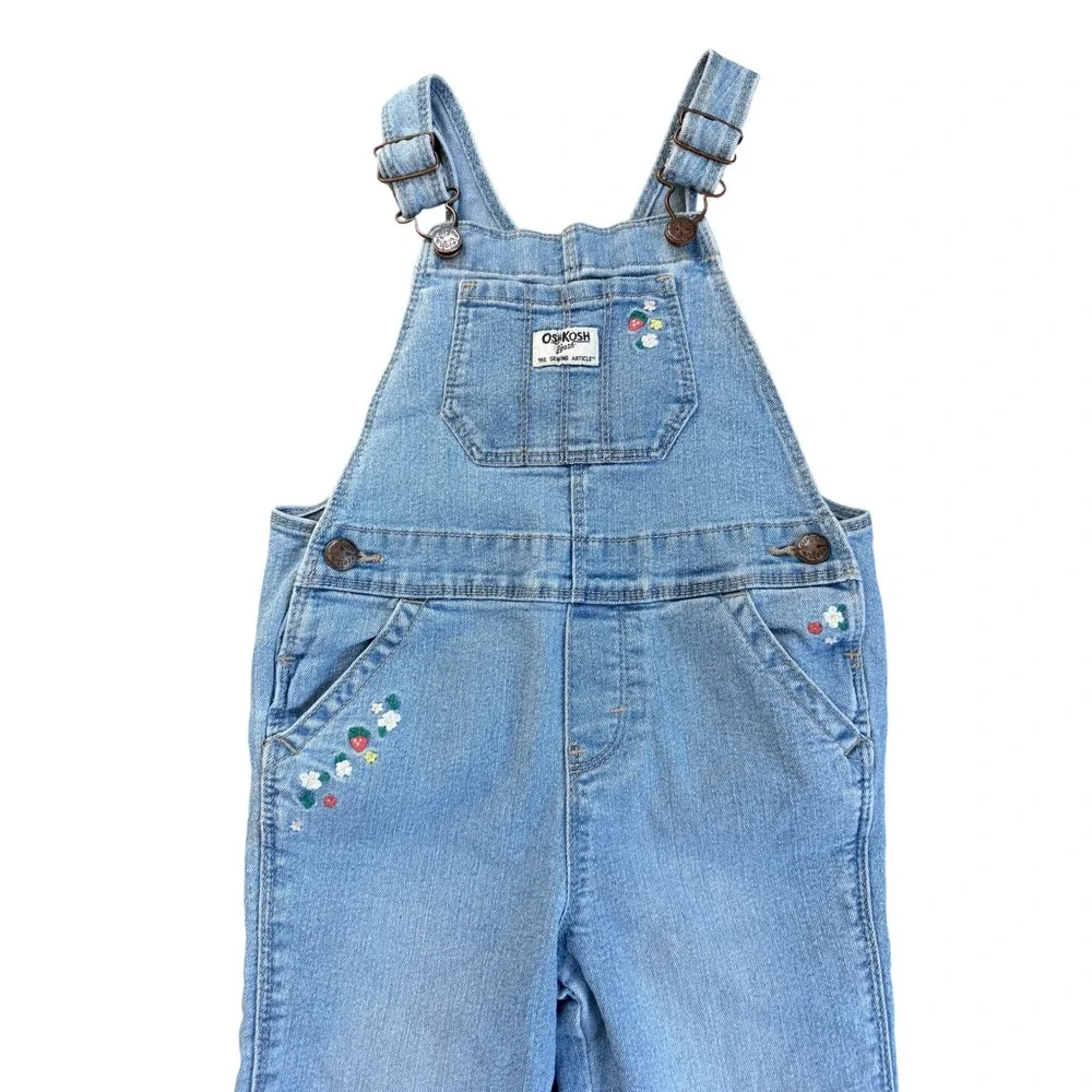 Y2K OshKosh Girls Denim Overalls Embroidered Floral Strawberry